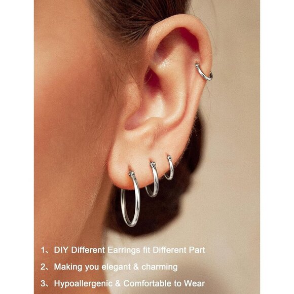 Women’s Stainless Steel Hoop Earrings Set 8 Pairs Gold Silver 10-20MM - Picture 5 of 8